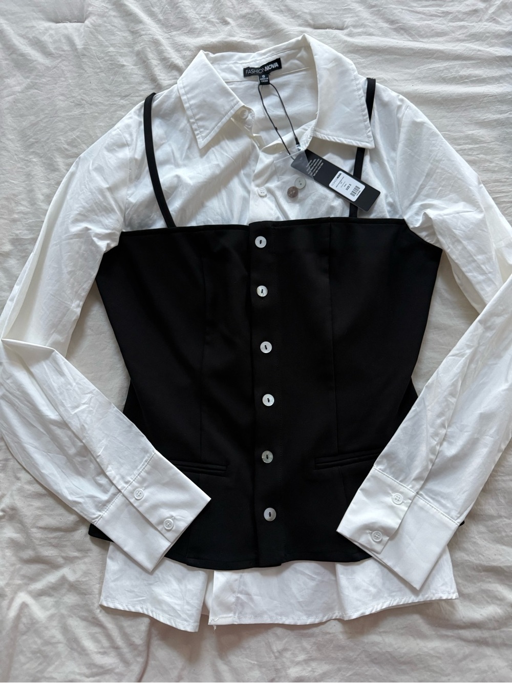Fashion Nova Black Bustier Top Over White Button-Down - Picture 2 of 2